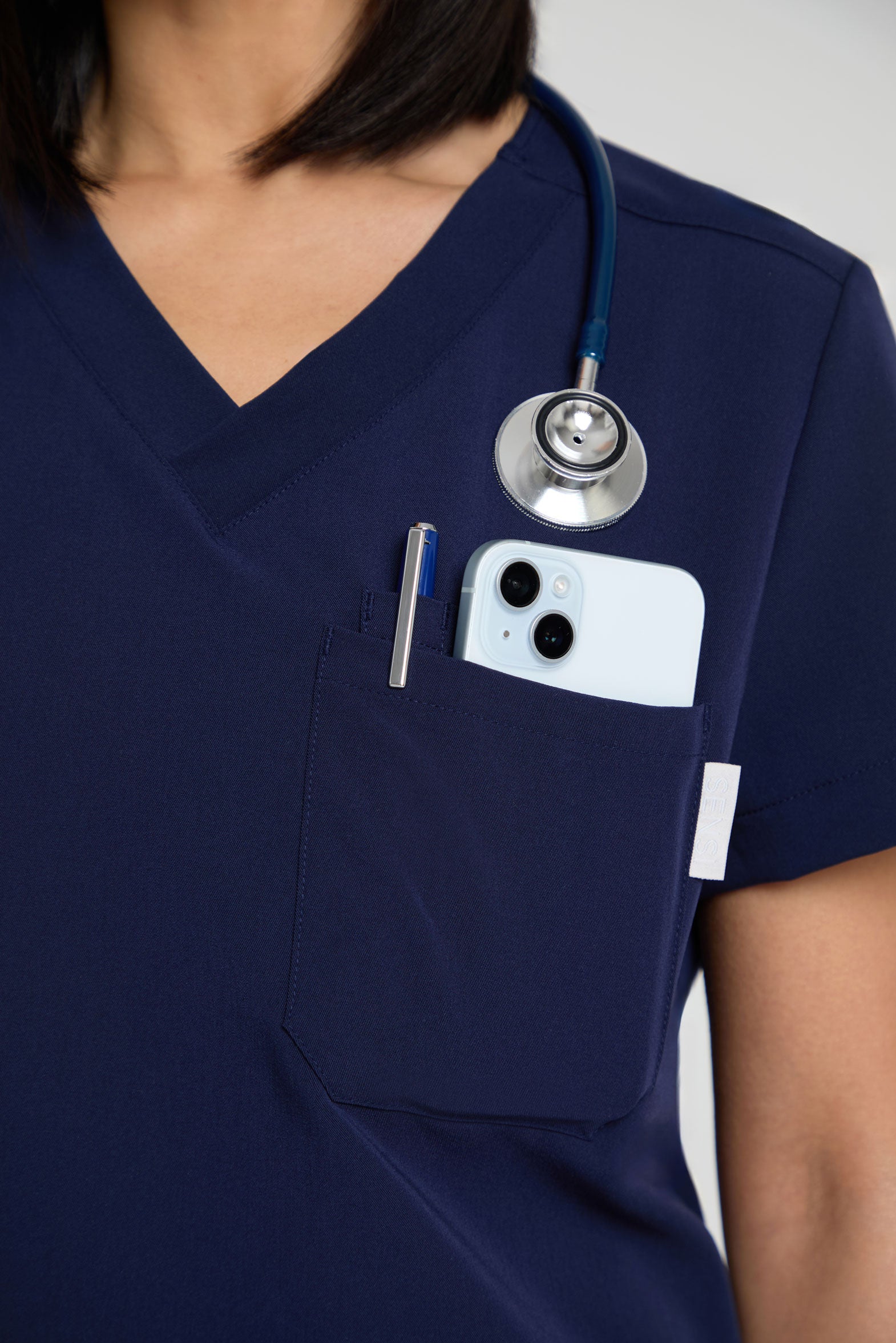 Women's Petite Navy One-Pocket Scrub Top