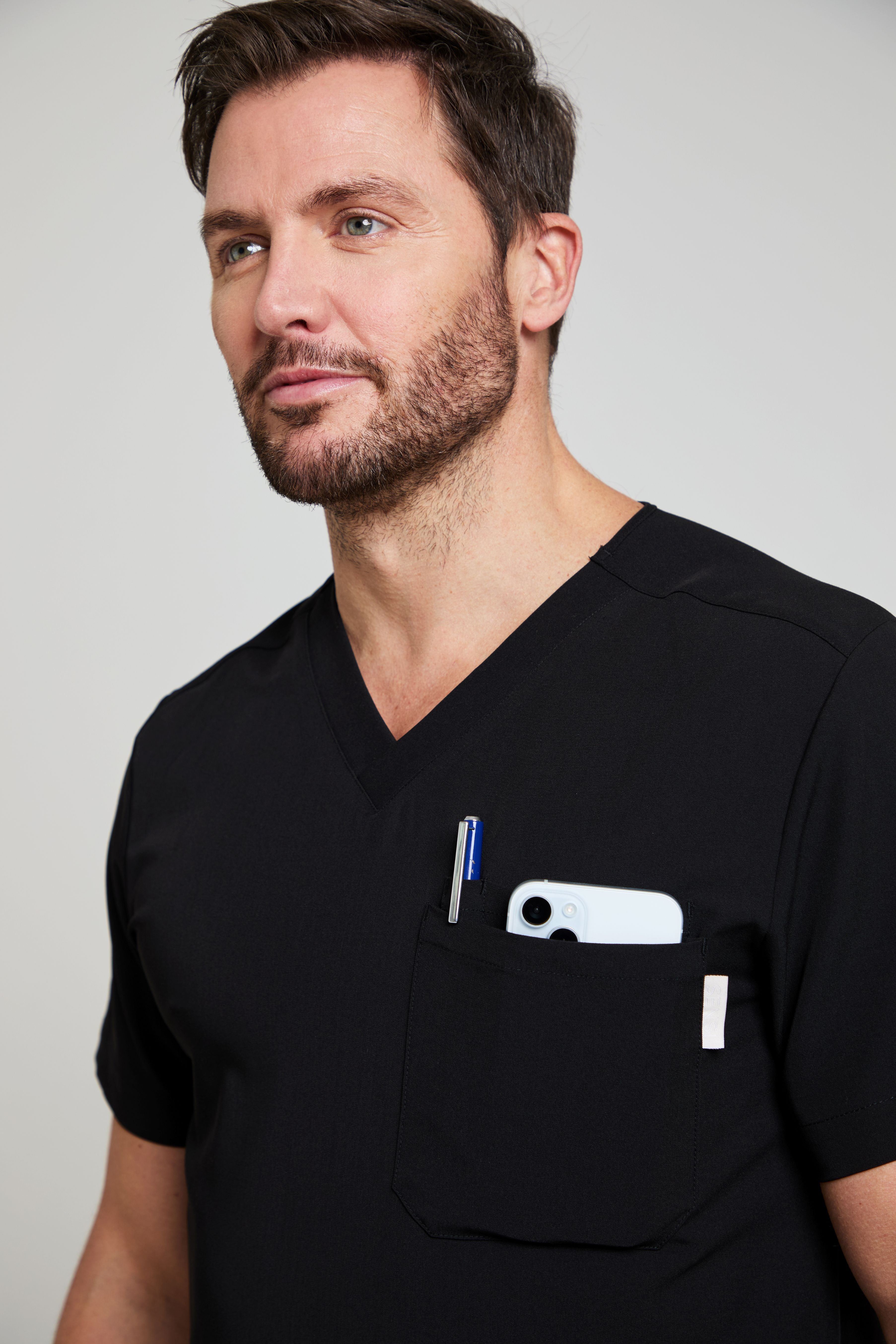 Men's Black Three Pocket Scrub Top