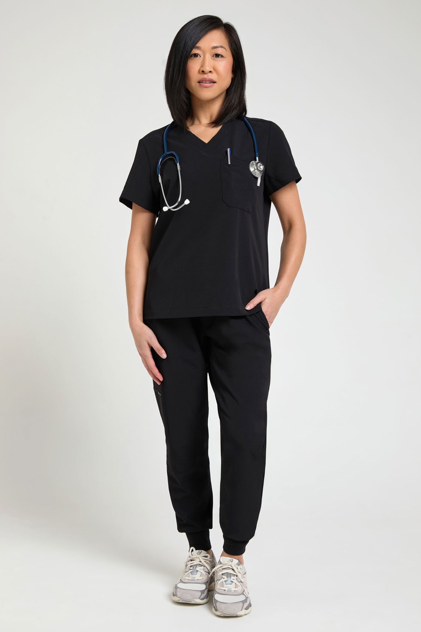 Women's Petite One Pocket Scrub Top - Black