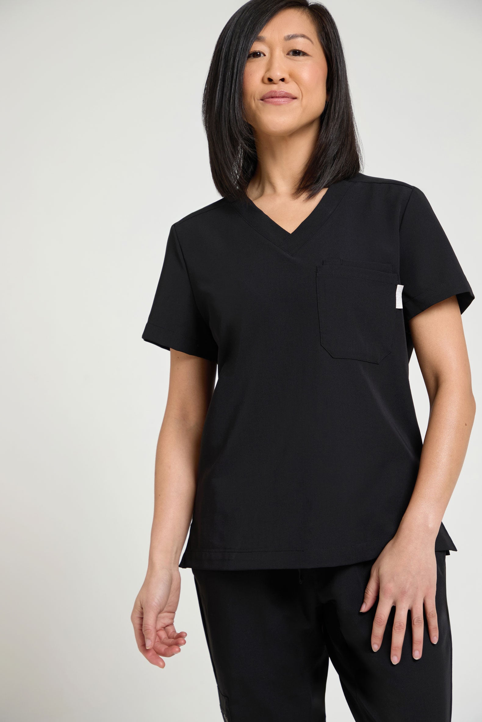 Women's Petite One Pocket Scrub Top - Black