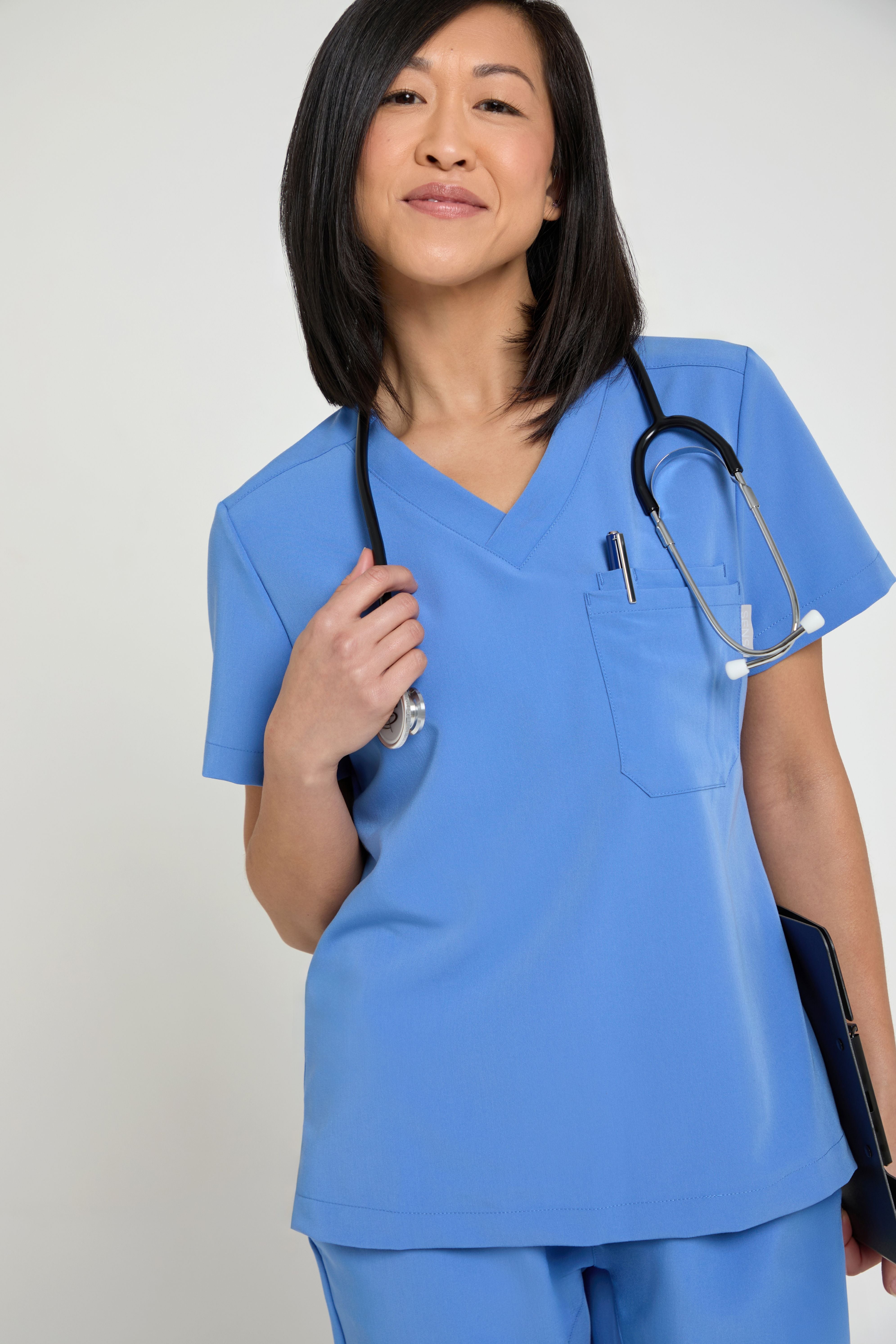 Women's Petite One Pocket Scrub Top in Ceil Blue