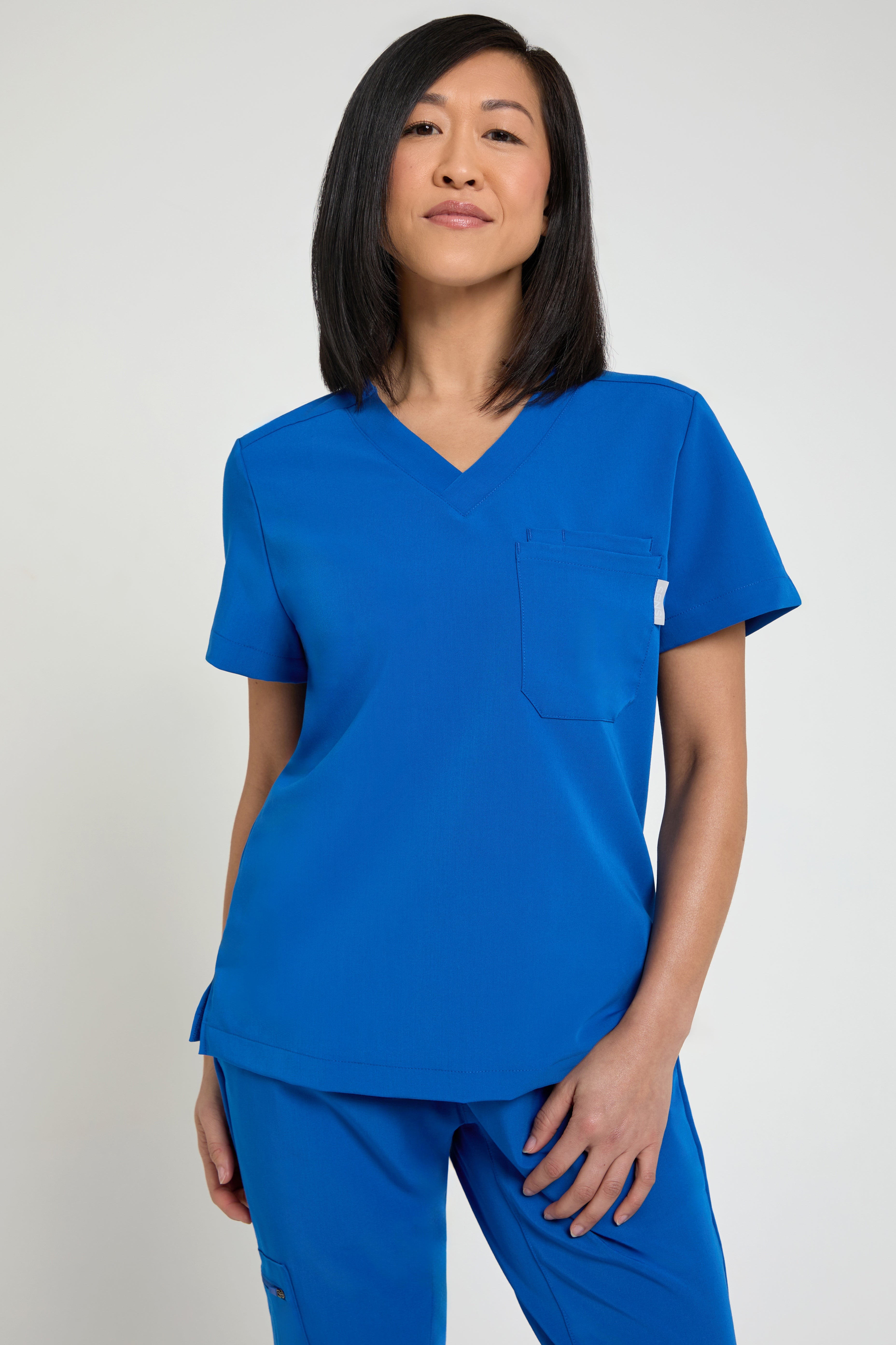 Women's Petite One Pocket Scrub Top in Royal Blue
