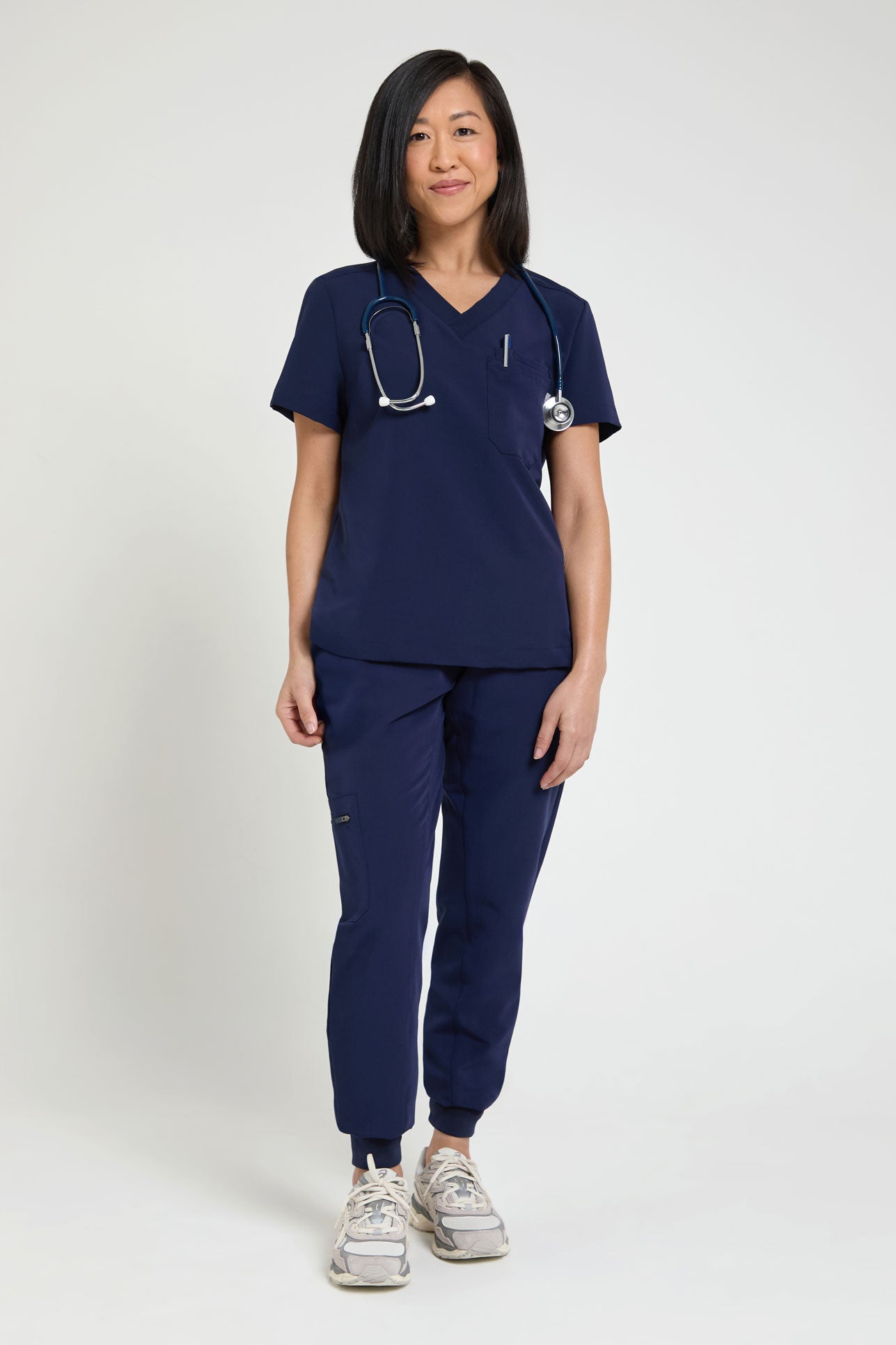 Women's Petite Navy One-Pocket Scrub Top