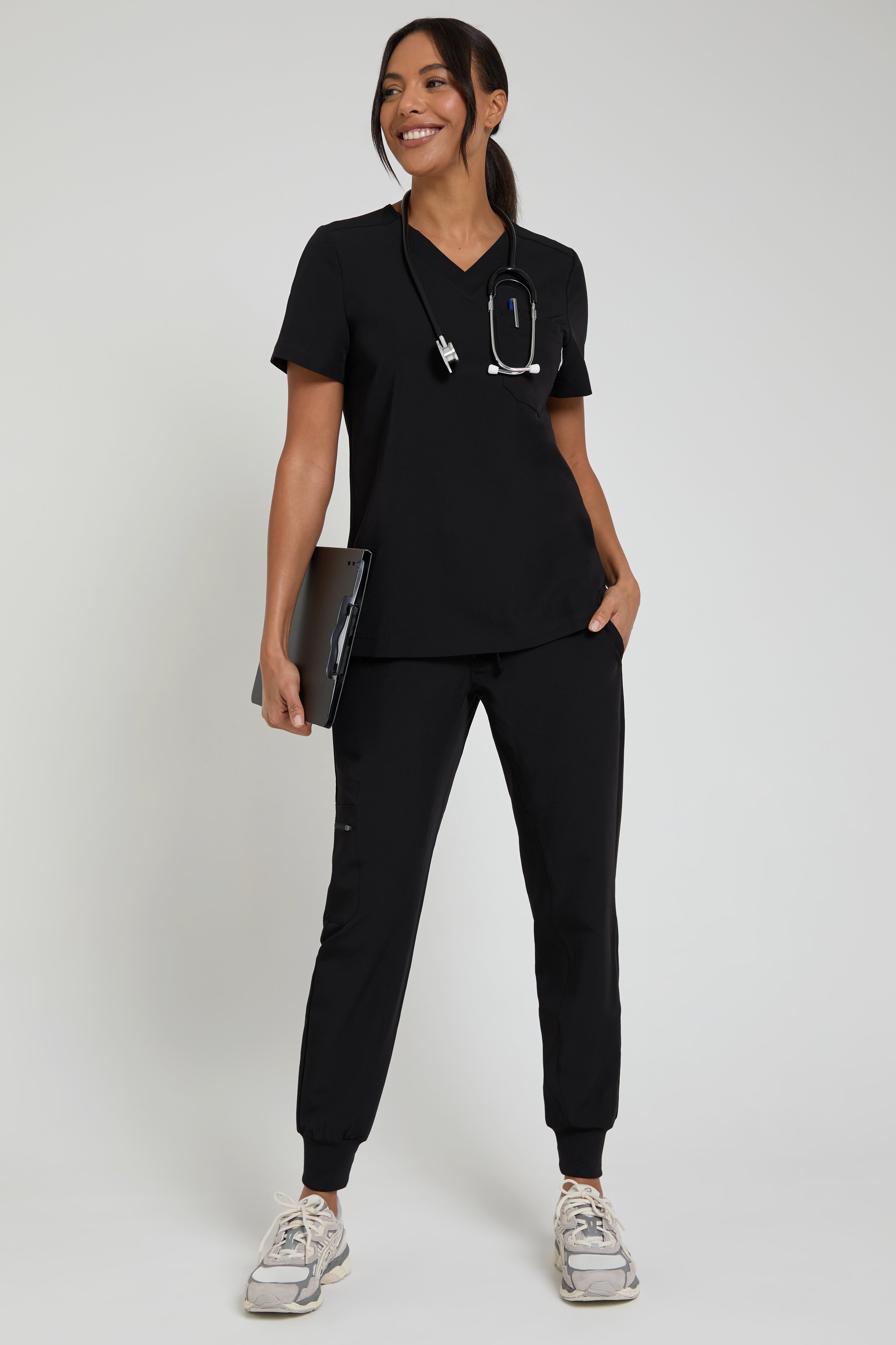 Women's Black One Pocket Scrub Top