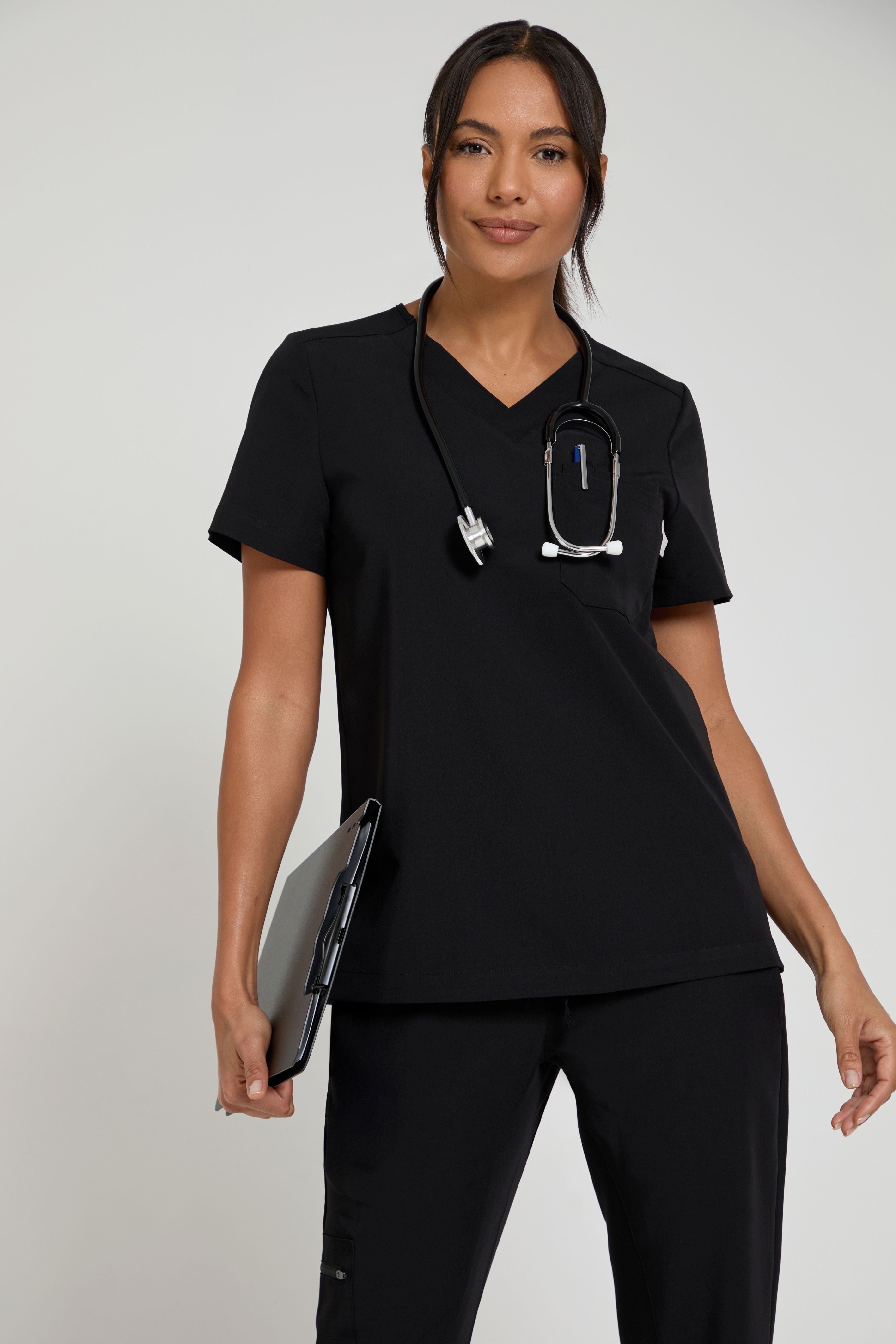 Women's Black One Pocket Scrub Top